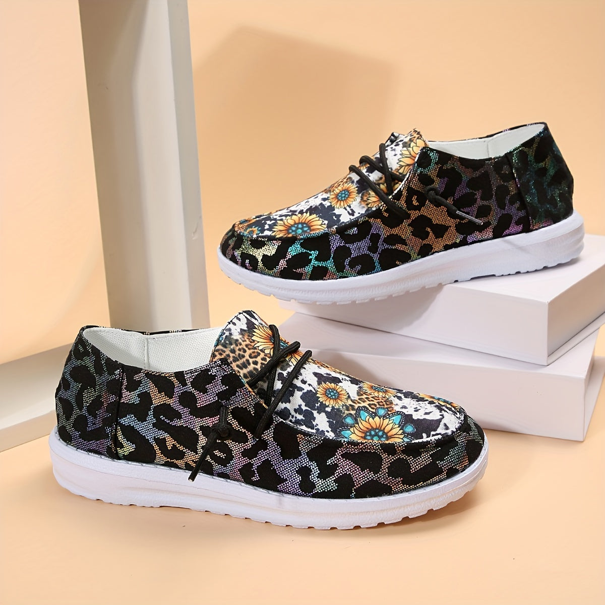 Sunflower & Leopard Print Women's Sneakers Lightweight Walking Shoes