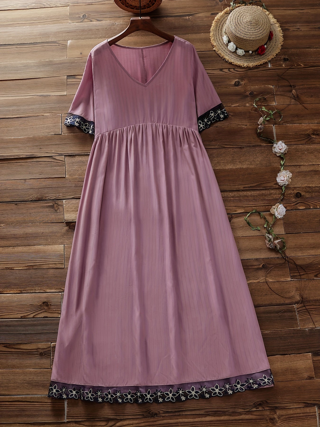 Casual Dress Women's Plus Stripe Embroidered Floral Short Sleeve V Nec
