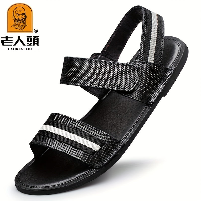 LAORENTOU Men's Leather Hook And Loop Sandals Non Slip Comfy Beach Shoes