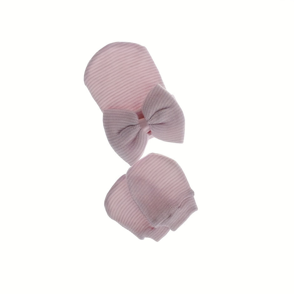 Big Bow Soft Gloves & Hat Set With Baby Pullover Hat