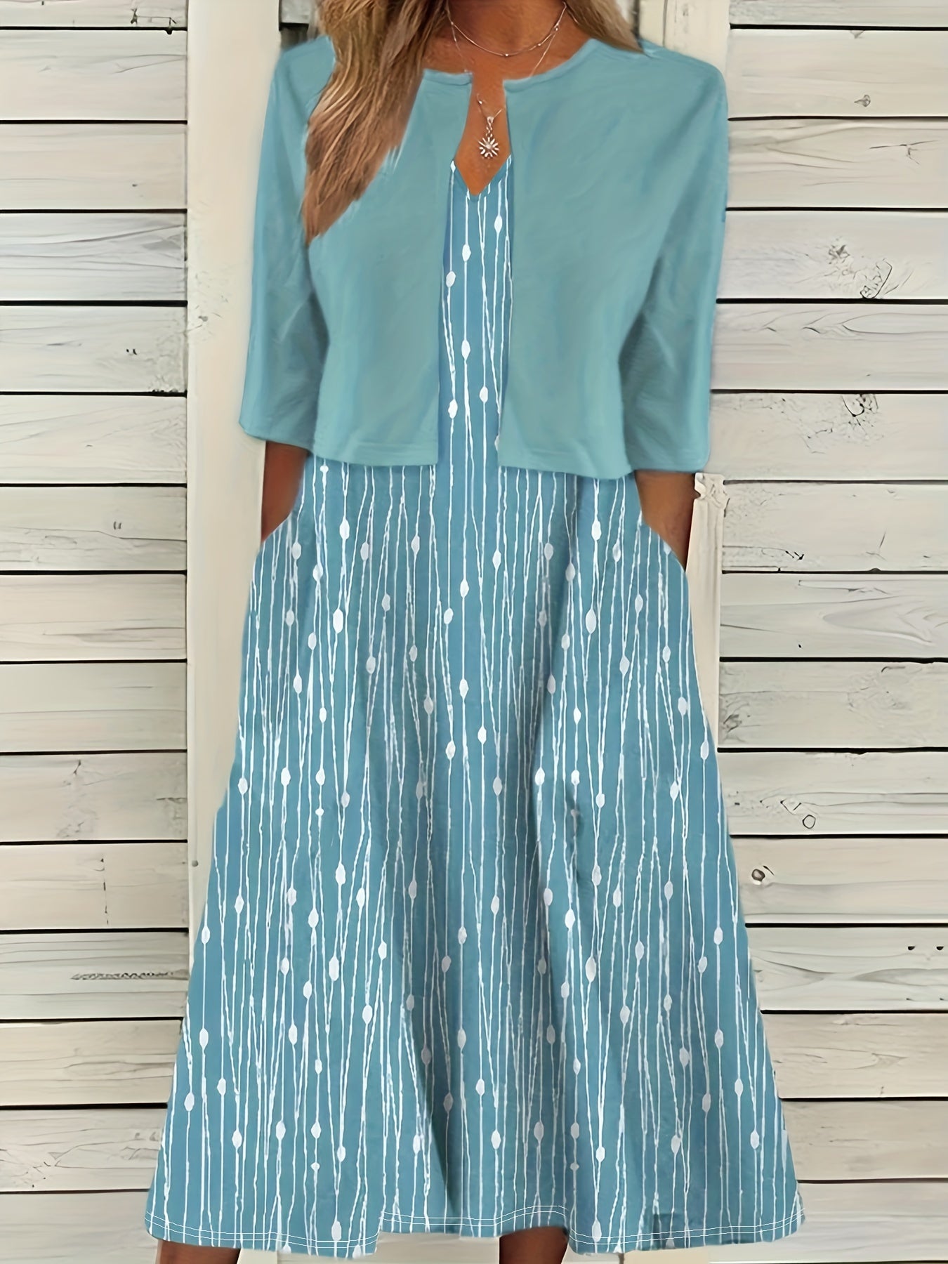 Plus Size Dot & Stripe Print V Neck Dress & Cardigan Two Piece Set