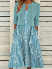 Plus Size Dot & Stripe Print V Neck Dress & Cardigan Two Piece Set