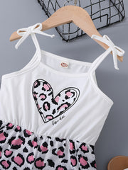 Girls Patchwork Cami Romper Bow Heart Leopard Print Jumpsuit
