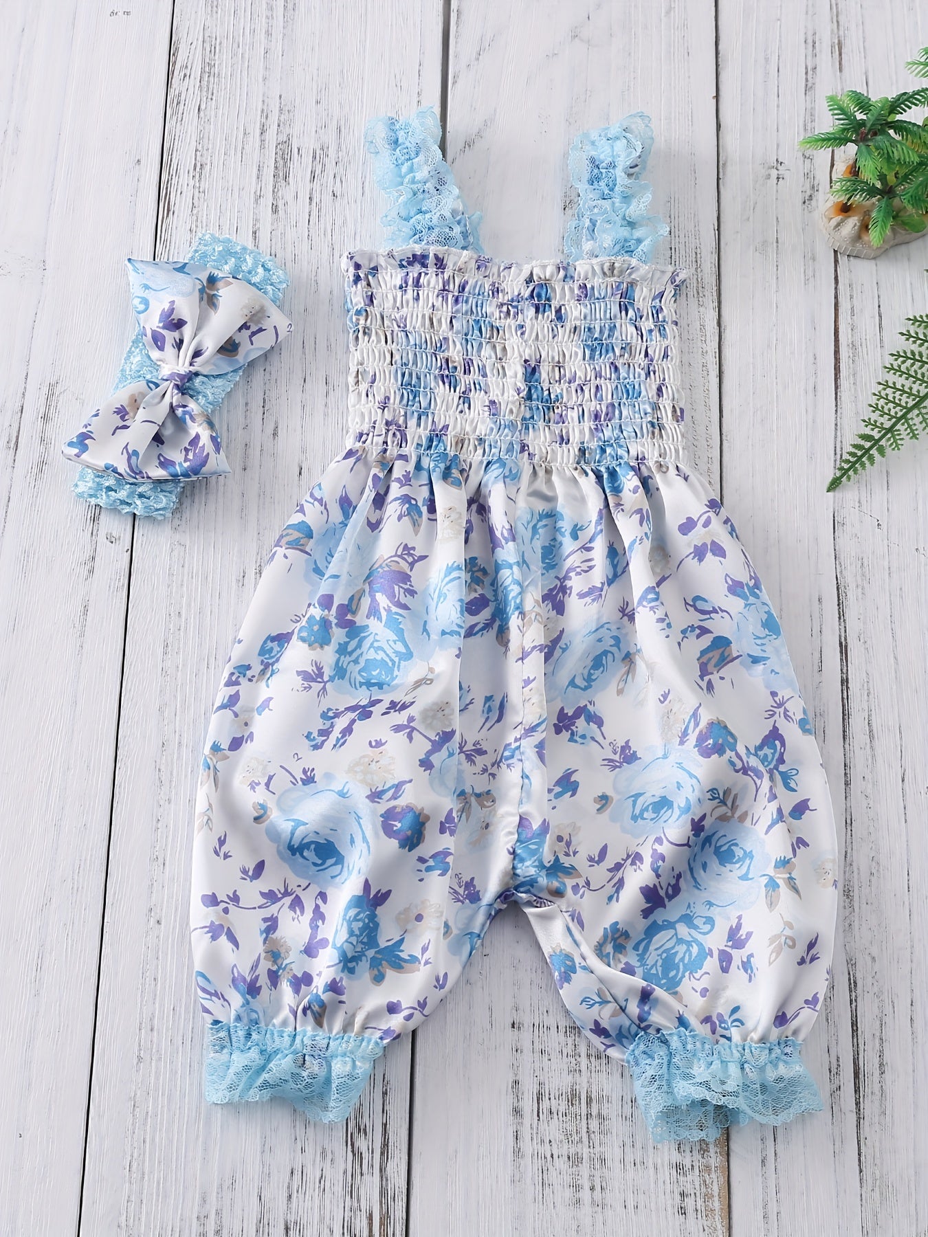 Baby Girls Romper Bloomers With Flower Print Lace Brim Bow Headband Set