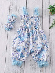 Baby Girls Romper Bloomers With Flower Print Lace Brim Bow Headband Set