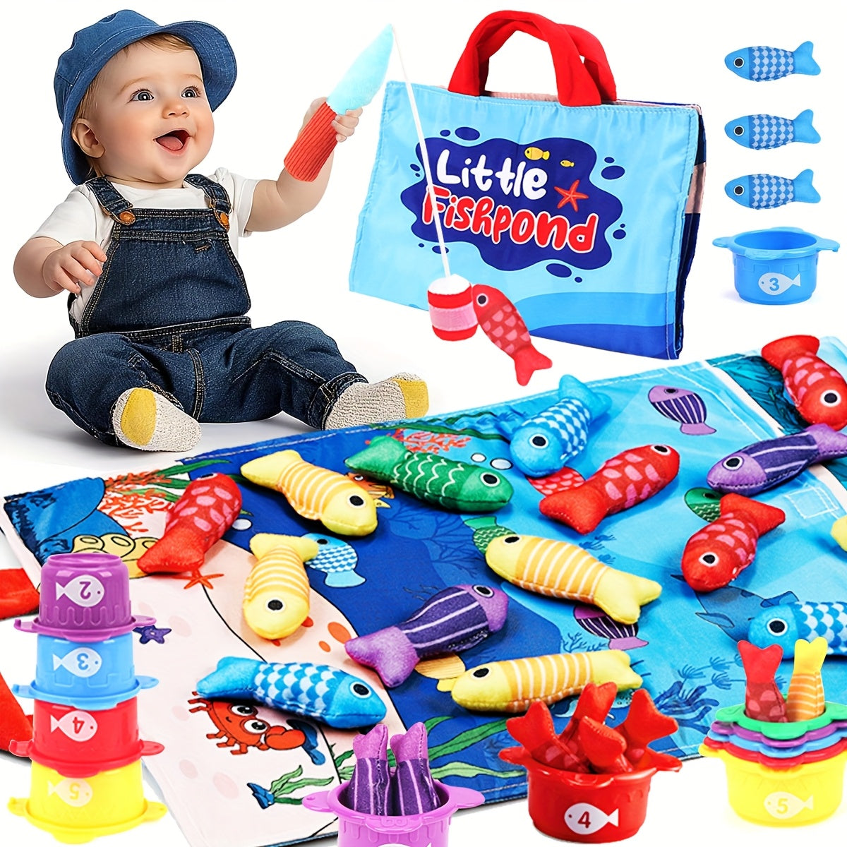Toddler Fishpond Cloth Fishing Toy Set Safe Polyester Fiber Fish Game