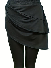 Casual Solid Leggings with Ruffle Skirt Sporty Skinny Leggings