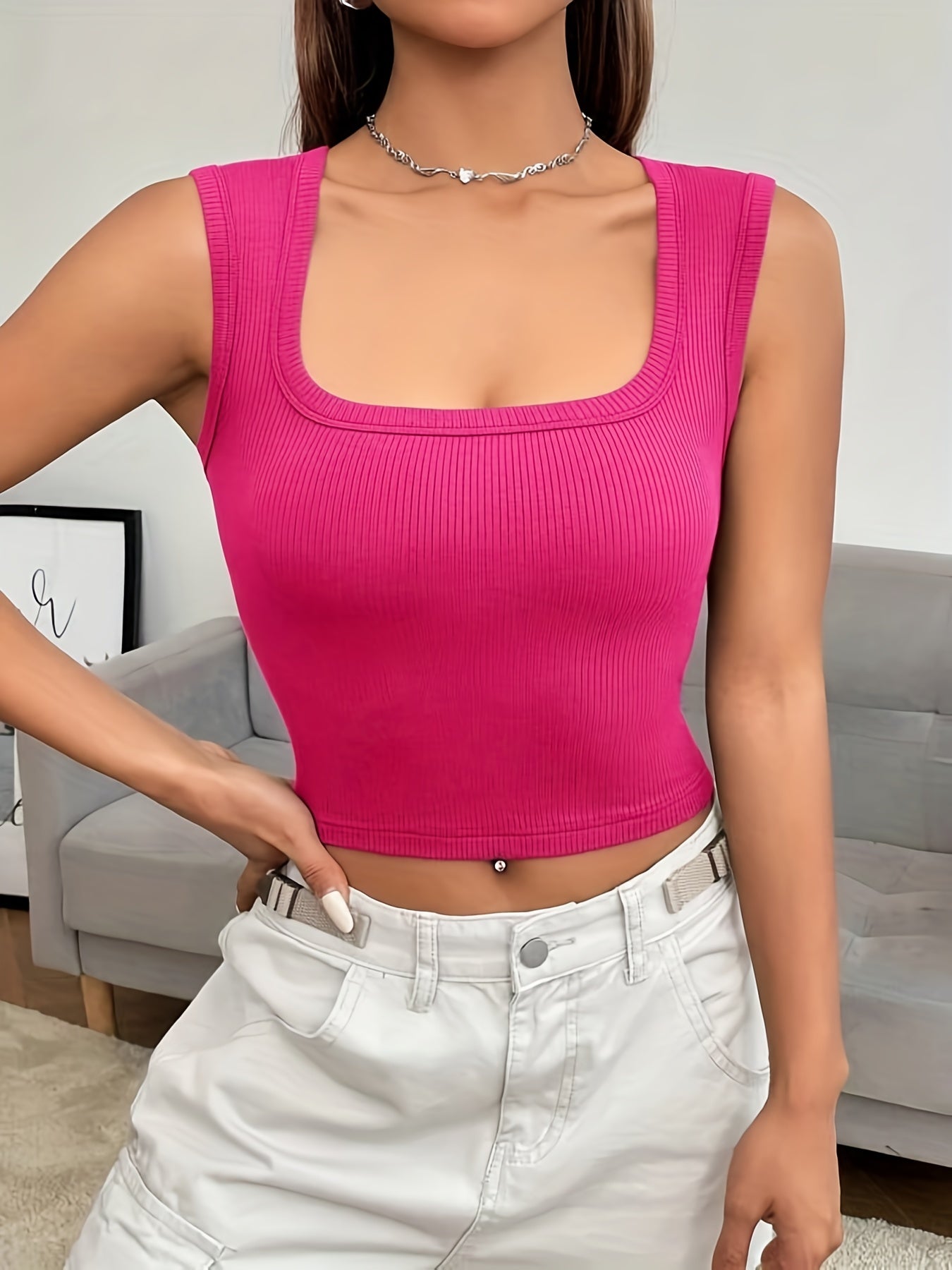 Solid Square Neck Tank Top Sleeveless Casual Summer Spring Women's Clothing