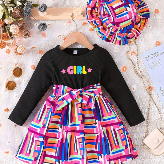 Girls' Geo Print Long Sleeve Dress for Party School