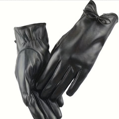 Solid Bow PU Gloves Warm Outdoor Riding Driving Coldproof Gloves