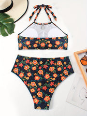 Floral Print Backless Halter Bikini Set