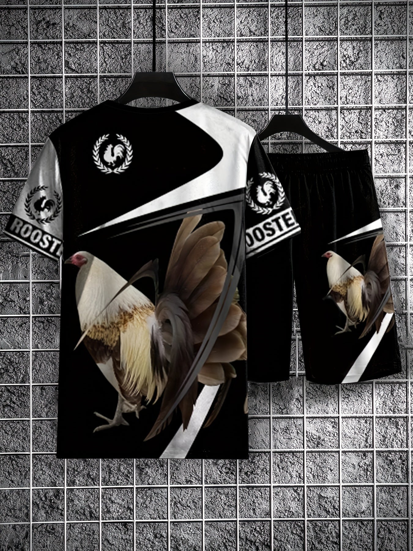 Rooster Pattern Mens 2 Piece Outfits T-shirt & Shorts Set For Summer