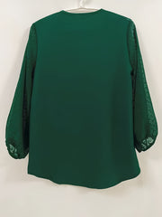 V Neck Loose Blouses Casual Mesh Stitching Dot Pom Poms 3/4 Sleeve Tops