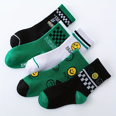 5pairs Checker Smiling Face Crew Socks for Kids