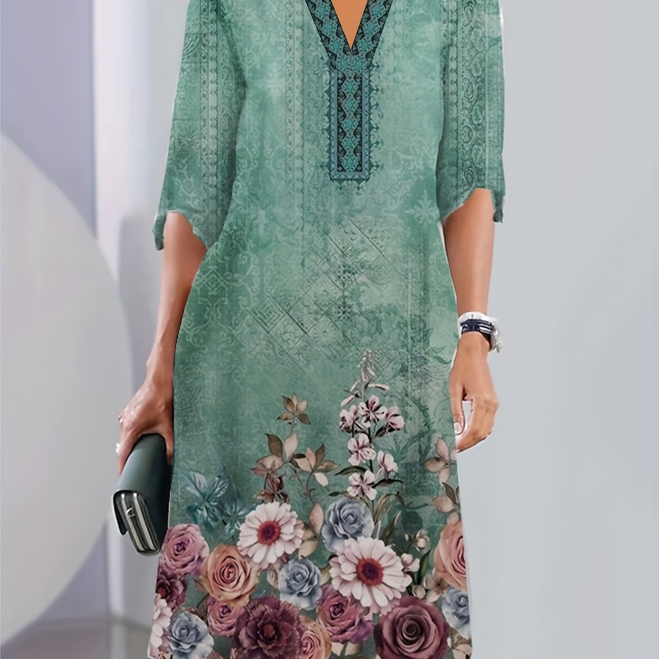Floral Print Half Sleeve Notched Neck Dress