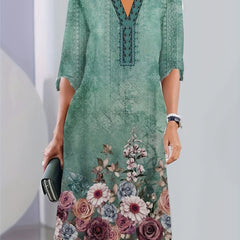 Floral Print Half Sleeve Notched Neck Dress