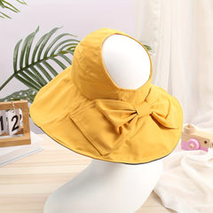 Backless Ponytail Bowknot Sun Hat Wide Brim Solid Casual Beach Hats Cotton Sunsc