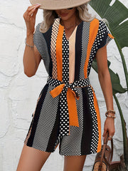 Print V Neck Belted Romper Jumpsuit Women's Clothing