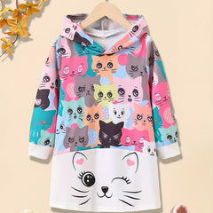 Girls' Kitty Print Casual Hooded Sweatshirt Kids' Hoodie Pullover Coat
