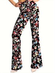Plus Floral Print Elastic High Rise Straight Leg Trousers