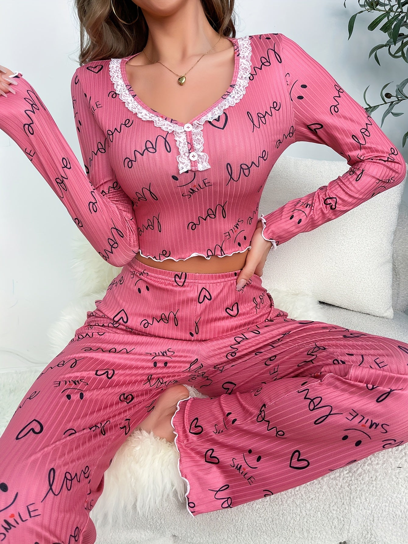Letter Print Pajama Set w/ Long Sleeve Top & Pants