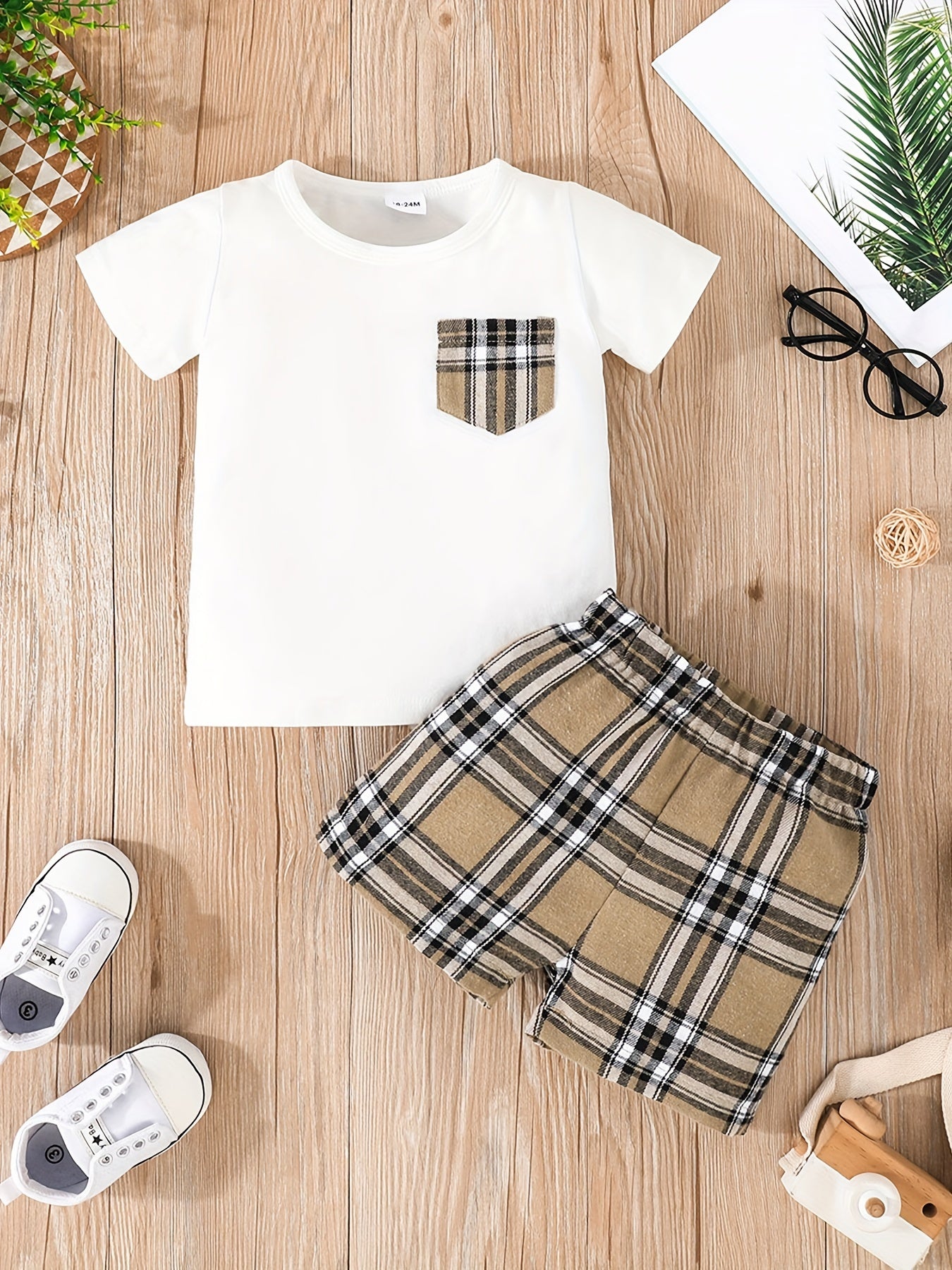 2pcs Toddler Baby Boy Plaid T shirt Shorts Set