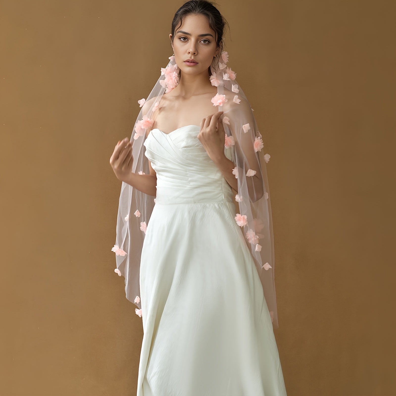 Romantic Lace Bridal Veil with Floral Embroidery & Pink Flowers