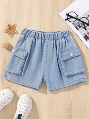Girls Casual Elastic Waist Denim Shorts with Pockets