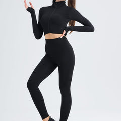 Women Workout Set Seamless Yoga High Neck Jacket & Leggings