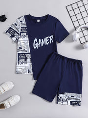 Boys Summer Casual Letter Spliced Outfit Short Sleeve Top & Shorts Set