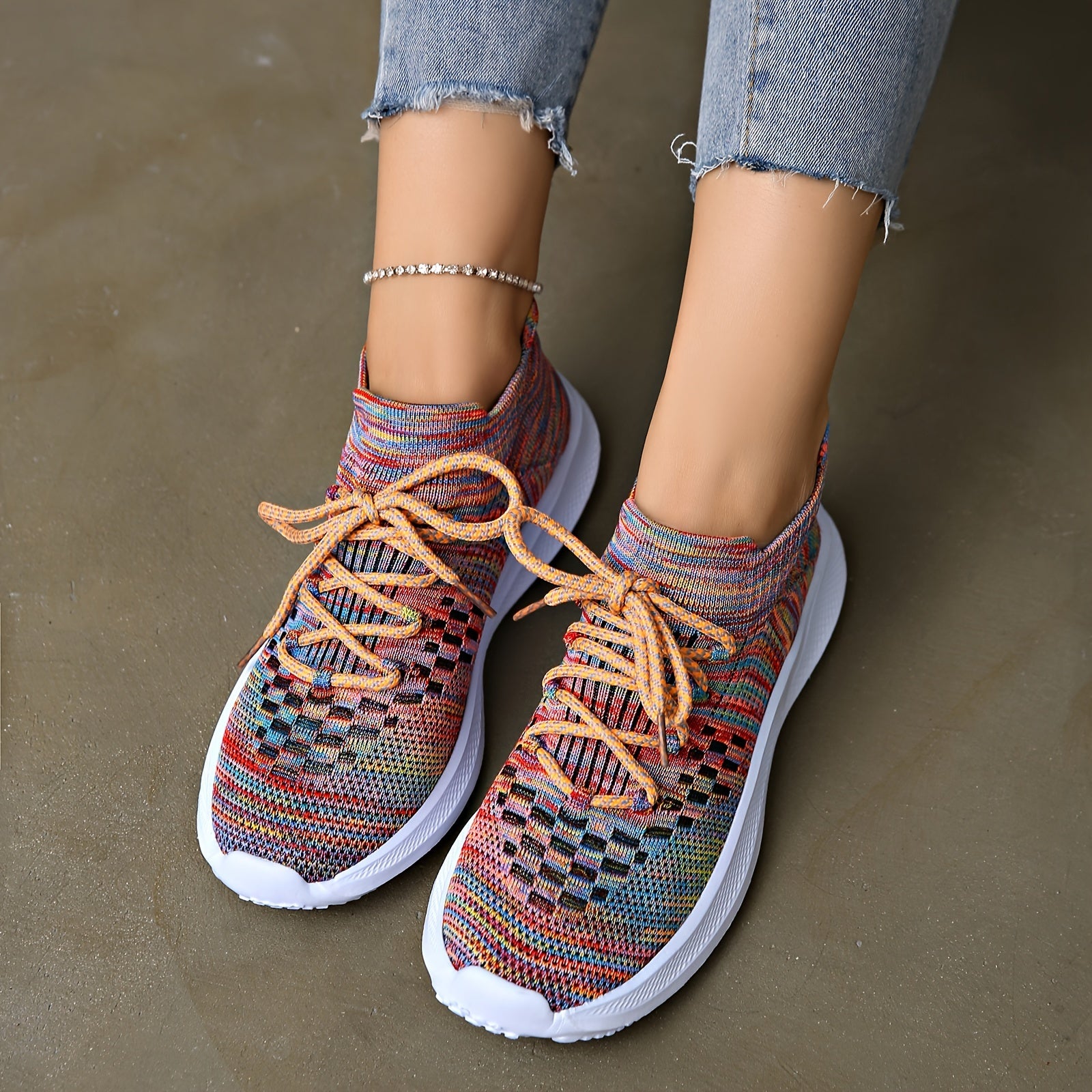Colorful Mesh Breathable Woven Shoes Lightweight Running Shoes