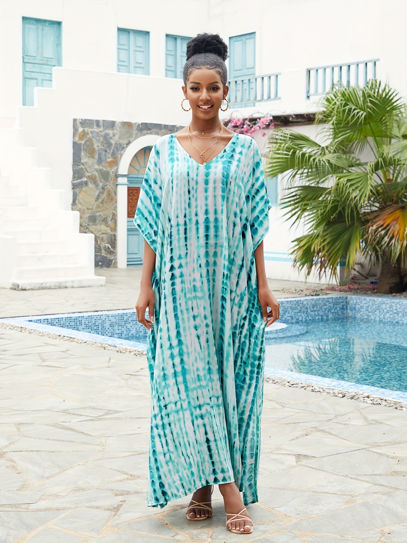 Women's Plus Tie Dye V Neck Bat Sleeve Maxi Cover Up Dress