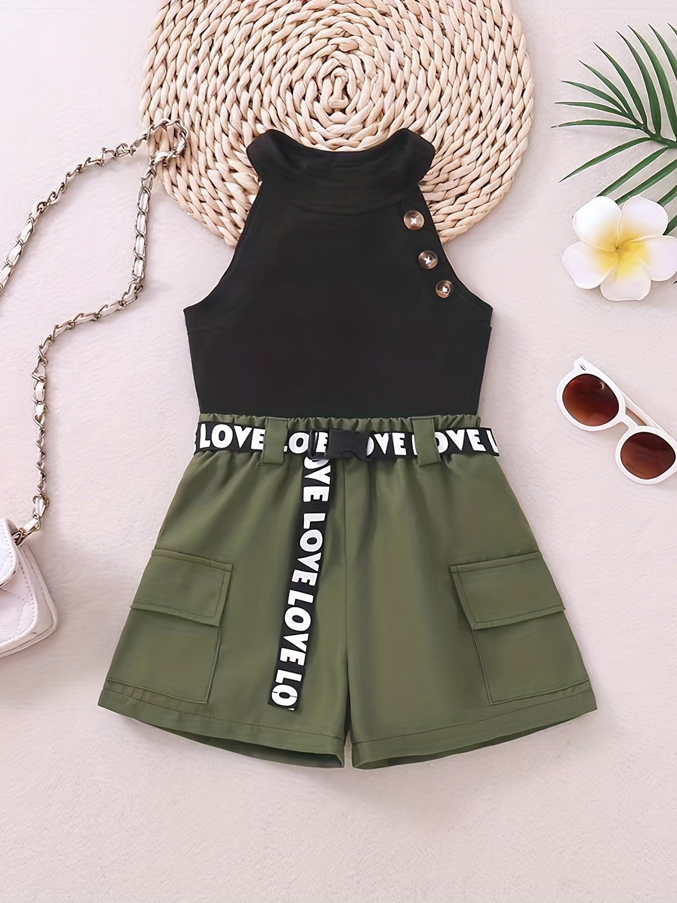 Girls' 2 Piece Outfits Ribbed Halter Neck Sleeveless Top & Shorts Set