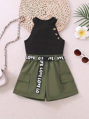 Girls' 2 Piece Outfits Ribbed Halter Neck Sleeveless Top & Shorts Set