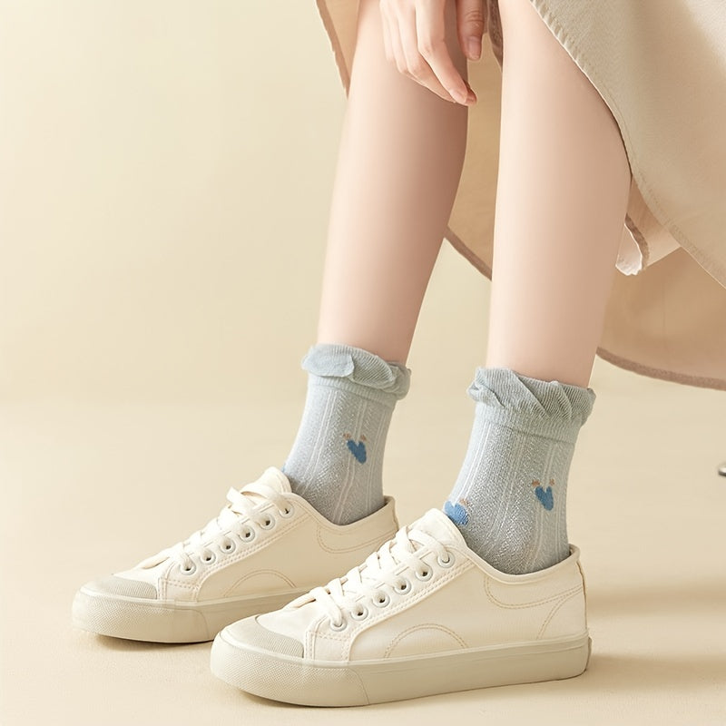 5pairs Ruffled Trim Floral Mid Tube Socks for Women