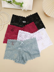 4pcs Lace Boyshort Panties Floral Semi-sheer Scallop Trim Intimates Lingerie