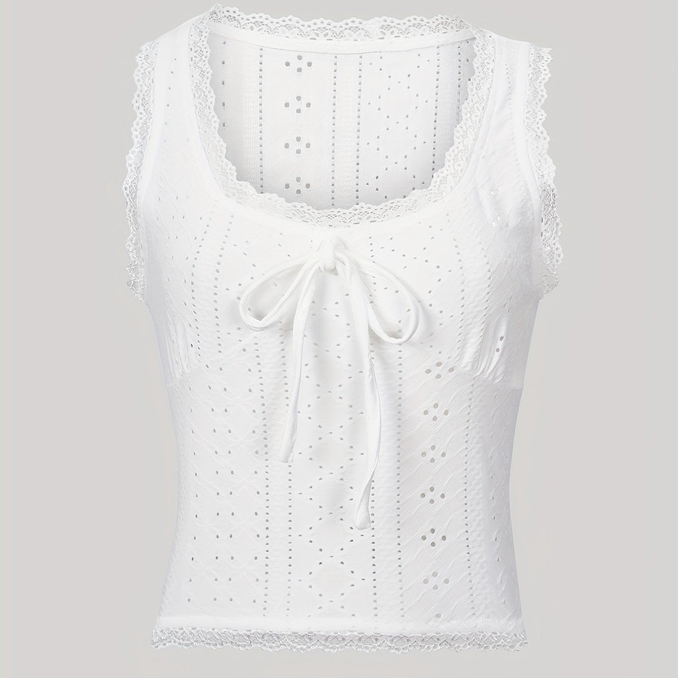 Lace Trim Tie Front Tank Top Sleeveless Casual Summer Women's Clothing