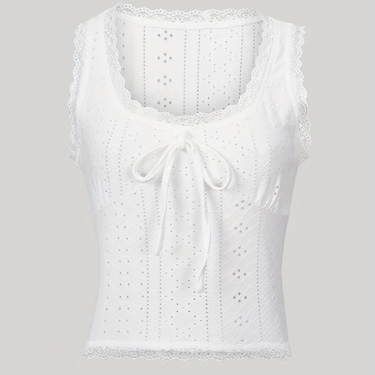 Lace Trim Tie Front Tank Top Sleeveless Casual Summer Women's Clothing
