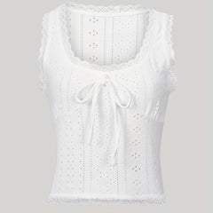 Lace Trim Tie Front Tank Top Sleeveless Casual Summer Women's Clothing