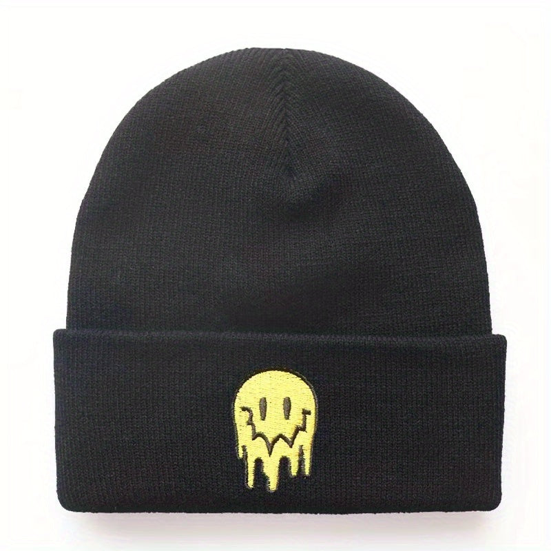 Ear Protection Knit Beanie Hat With Melting Smiley Face Embroidery