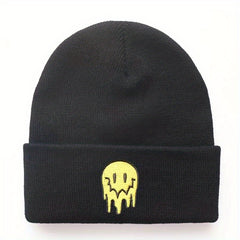 Ear Protection Knit Beanie Hat With Melting Smiley Face Embroidery