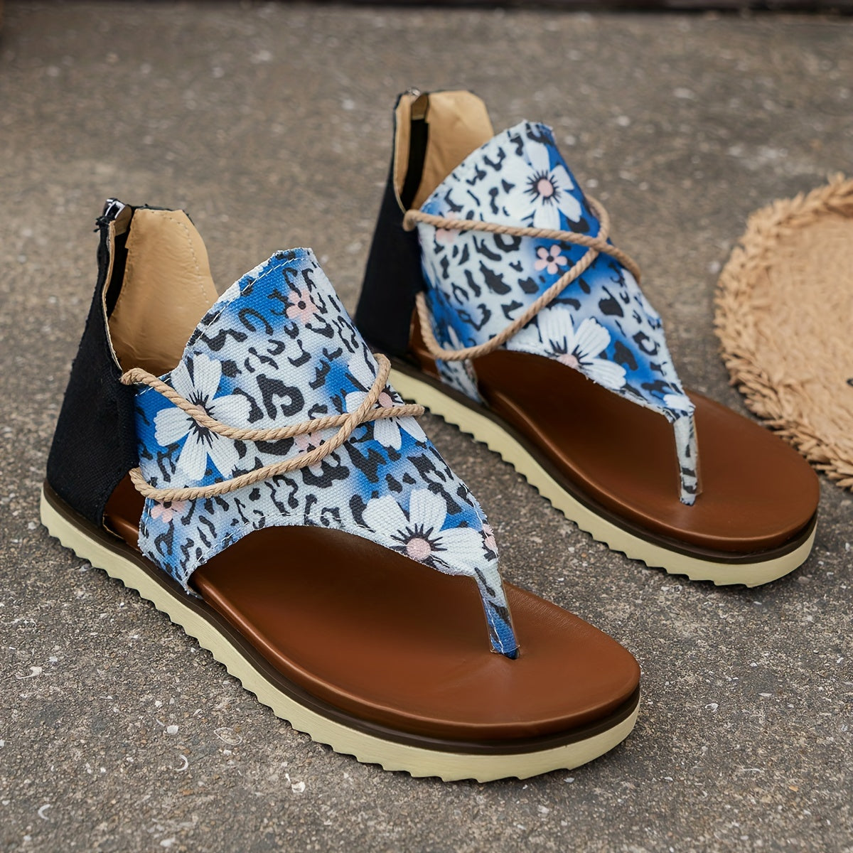 Women's Leopard Floral Print Clip Toe Sandals