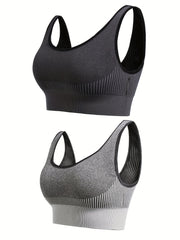 2 Pack Plus Size Striped Print Sporty Bra Set Women's Plus Stretchy