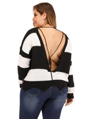 Colorblock Fringe Trim Sweater Loose Fit Women's Plus Casual