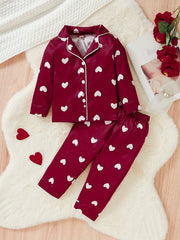 Girls' Cotton Heart Print Pajama Set V Neck Long Sleeve Shirt & Pants
