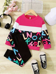 Girls Contrast Long Sleeve Sweatshirt & Sweatpants Set Winter Clothes