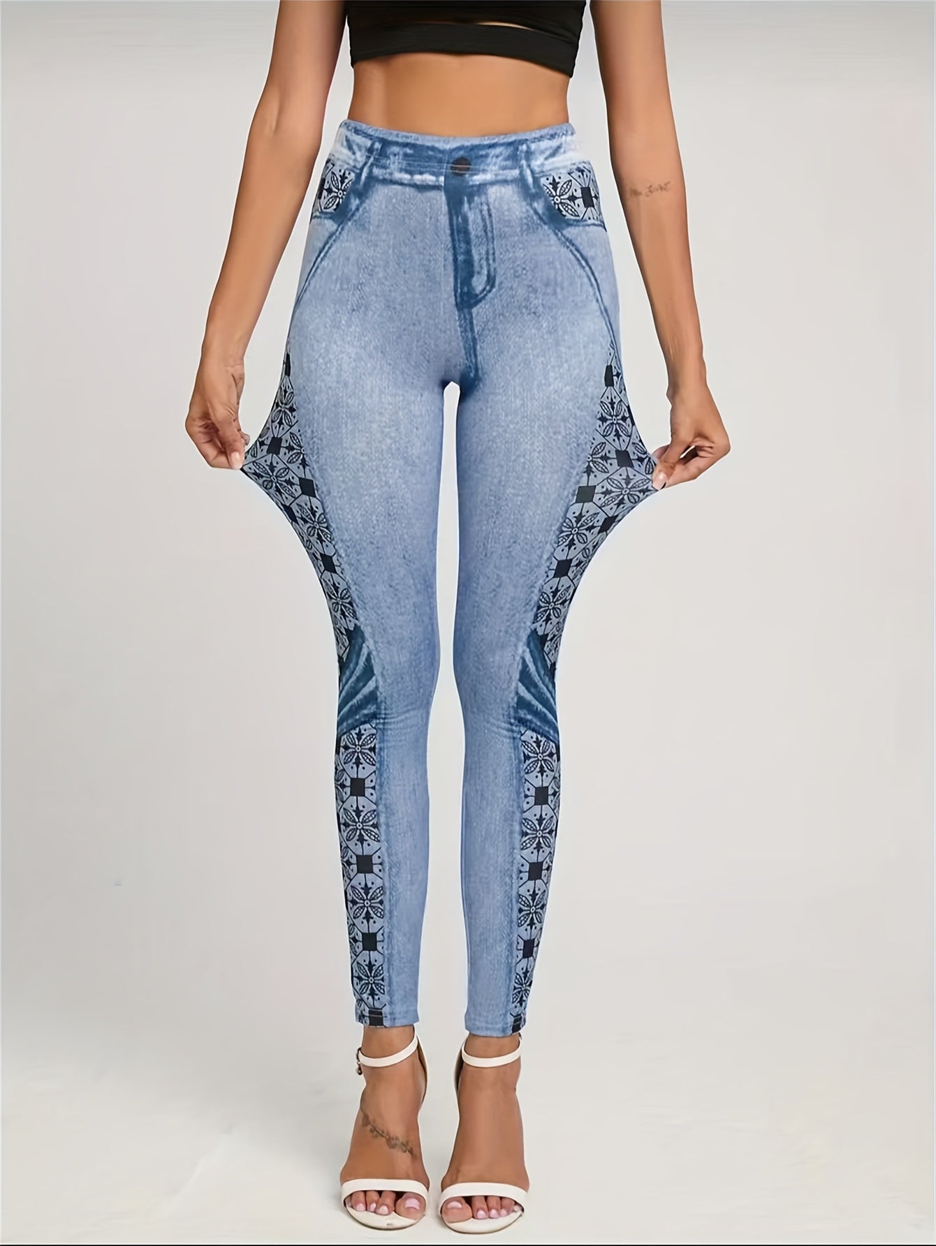 Faux Denim Print Hip Lifting Yoga Pants High Stretch Leggings
