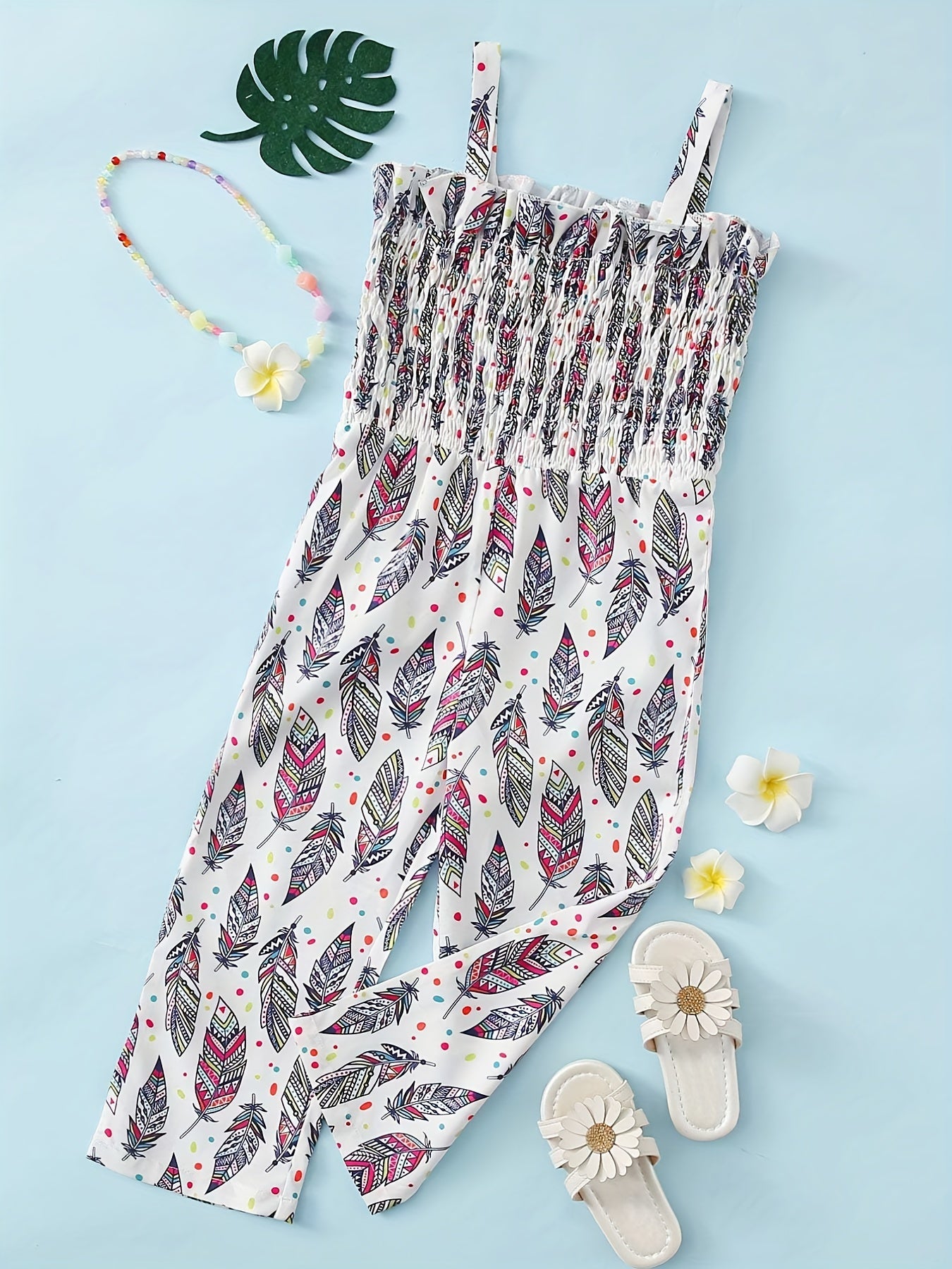 Girls Vintage Leaf Print Spaghetti Strap Jumpsuit