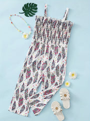 Girls Vintage Leaf Print Spaghetti Strap Jumpsuit