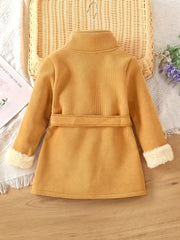 Baby Girls Solid High Neck Fleece Coat With Belt Kids Winter Jacket
